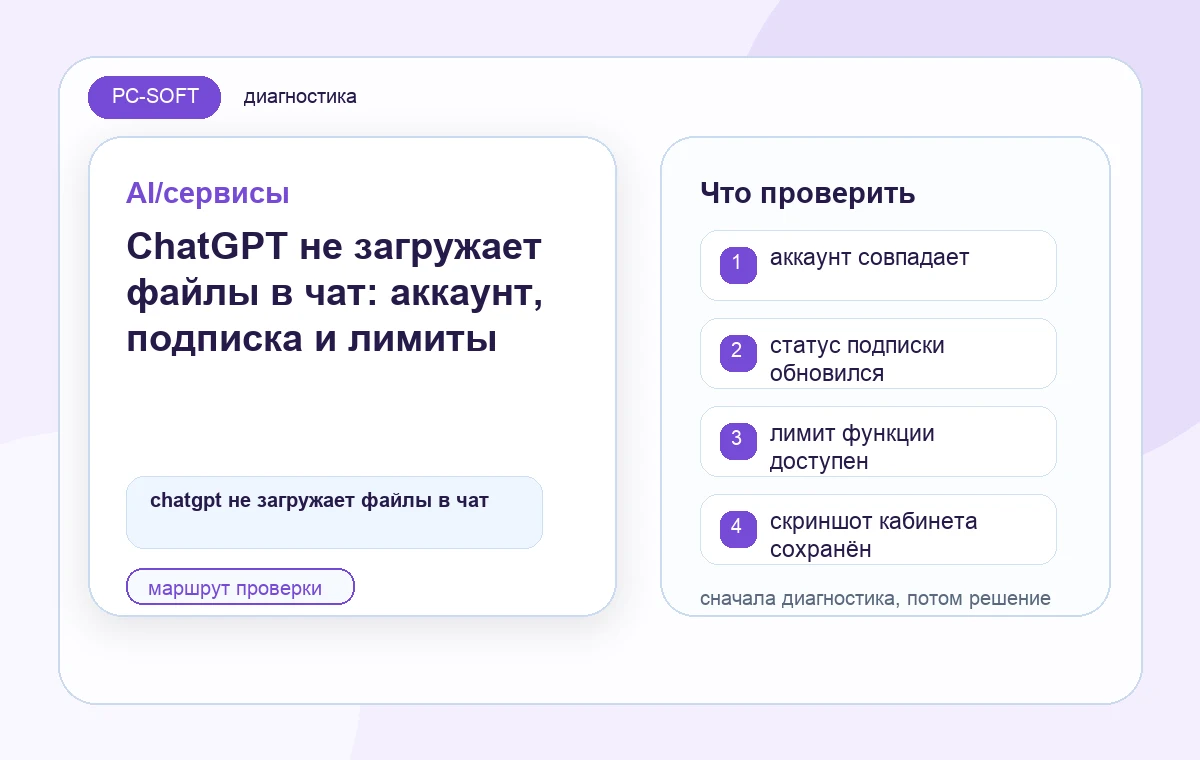 ChatGPT не загружает файлы в чат: аккаунт, подписка и лимиты: диагностическая схема PC-SOFT
