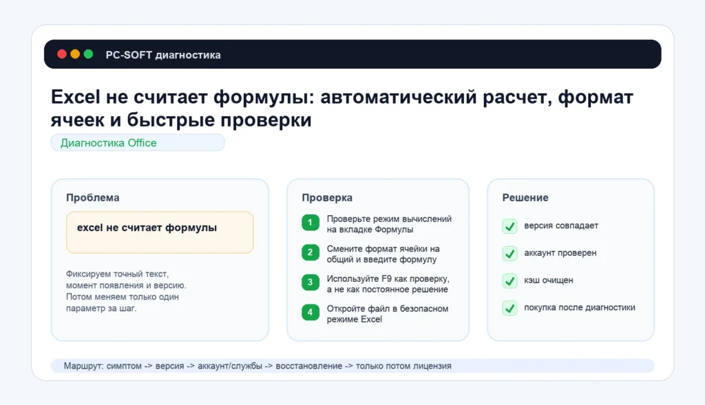 Excel не считает формулы: автоматический расчет, формат ячеек и быстрые проверки