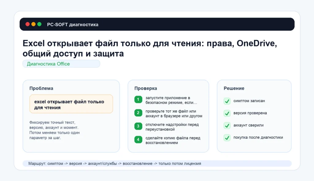 Excel открывает файл только для чтения: права, OneDrive, общий доступ и защита