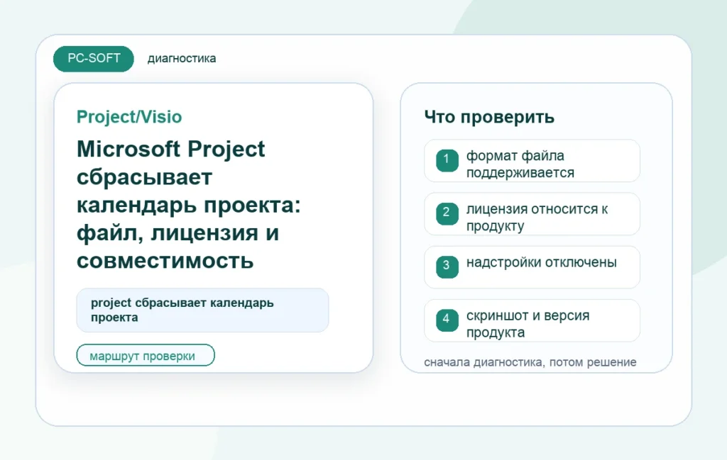 Microsoft Project сбрасывает календарь проекта: файл, лицензия и совместимость