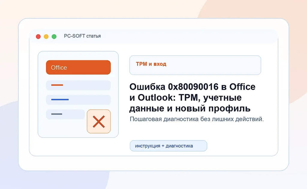 Ошибка 0x80090016 в Office и Outlook: TPM, учетные данные и новый профиль