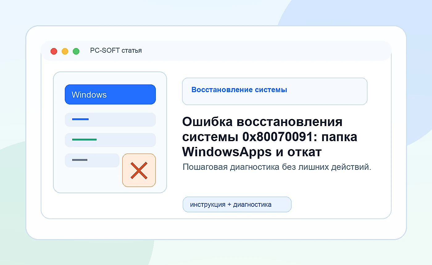 Ошибка восстановления системы 0x80070091: папка WindowsApps и откат: иллюстрация диагностики PC-SOFT