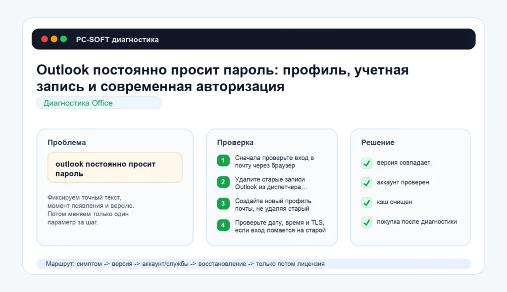 Outlook постоянно просит пароль: профиль, учетная запись и современная авторизация