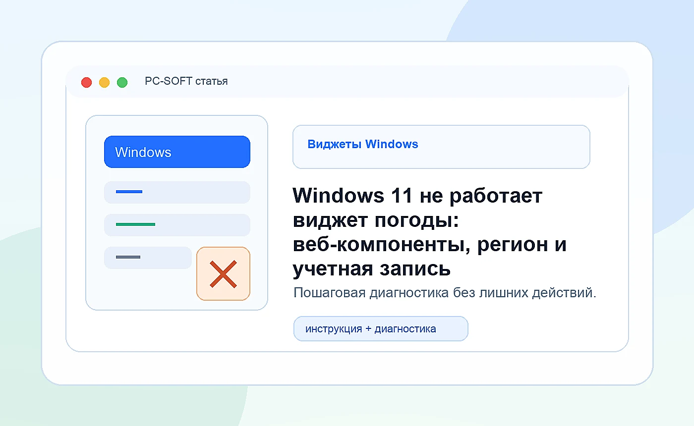 Windows 11 не работает виджет погоды: веб-компоненты, регион и учетная запись: иллюстрация диагностики PC-SOFT