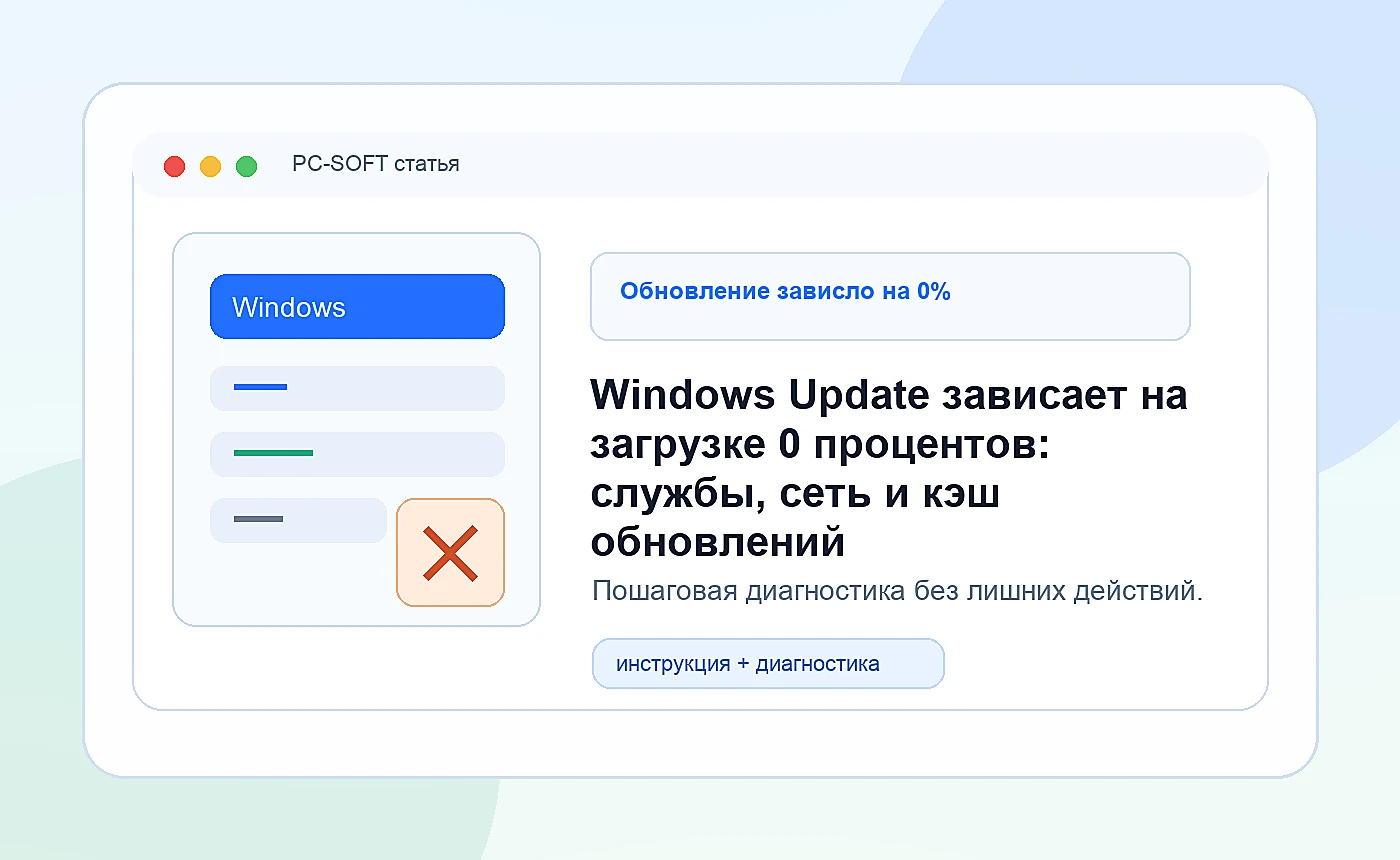 Windows Update зависает на загрузке 0 процентов: службы, сеть и кэш обновлений: иллюстрация диагностики PC-SOFT