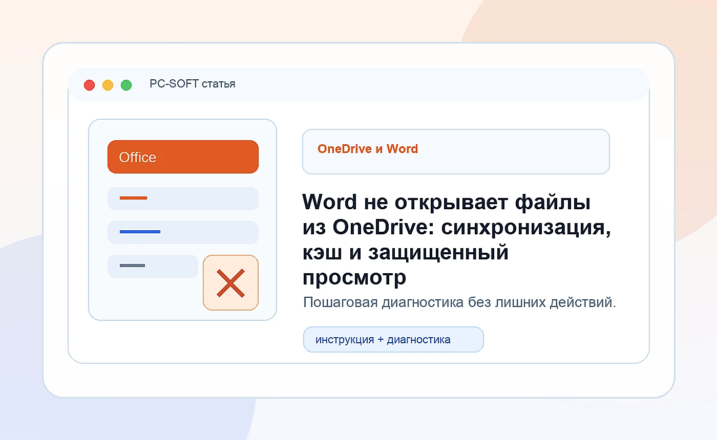 Word не открывает файлы из OneDrive: синхронизация, кэш и защищенный просмотр: иллюстрация диагностики PC-SOFT
