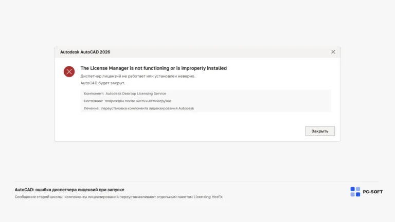 Окно AutoCAD с ошибкой The License Manager is not functioning и строкой о повреждённой службе лицензирования Autodesk