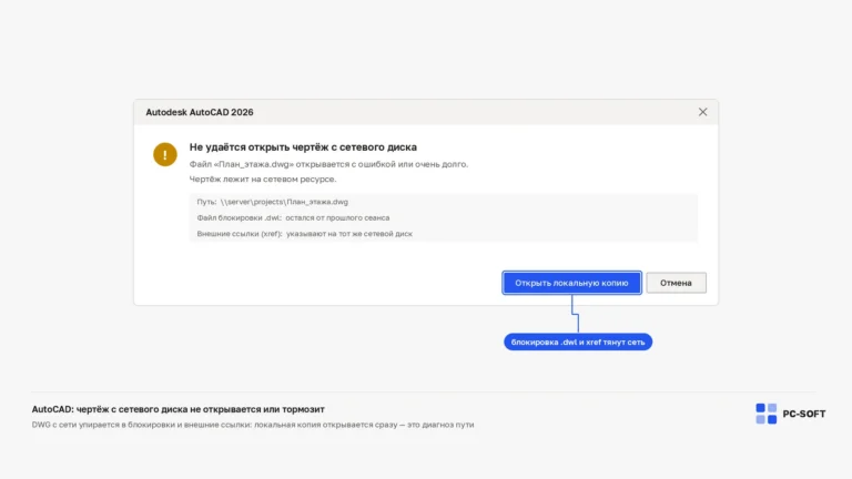 Окно AutoCAD при открытии чертежа с сетевого диска: файл блокировки DWL и внешние ссылки замедляют открытие