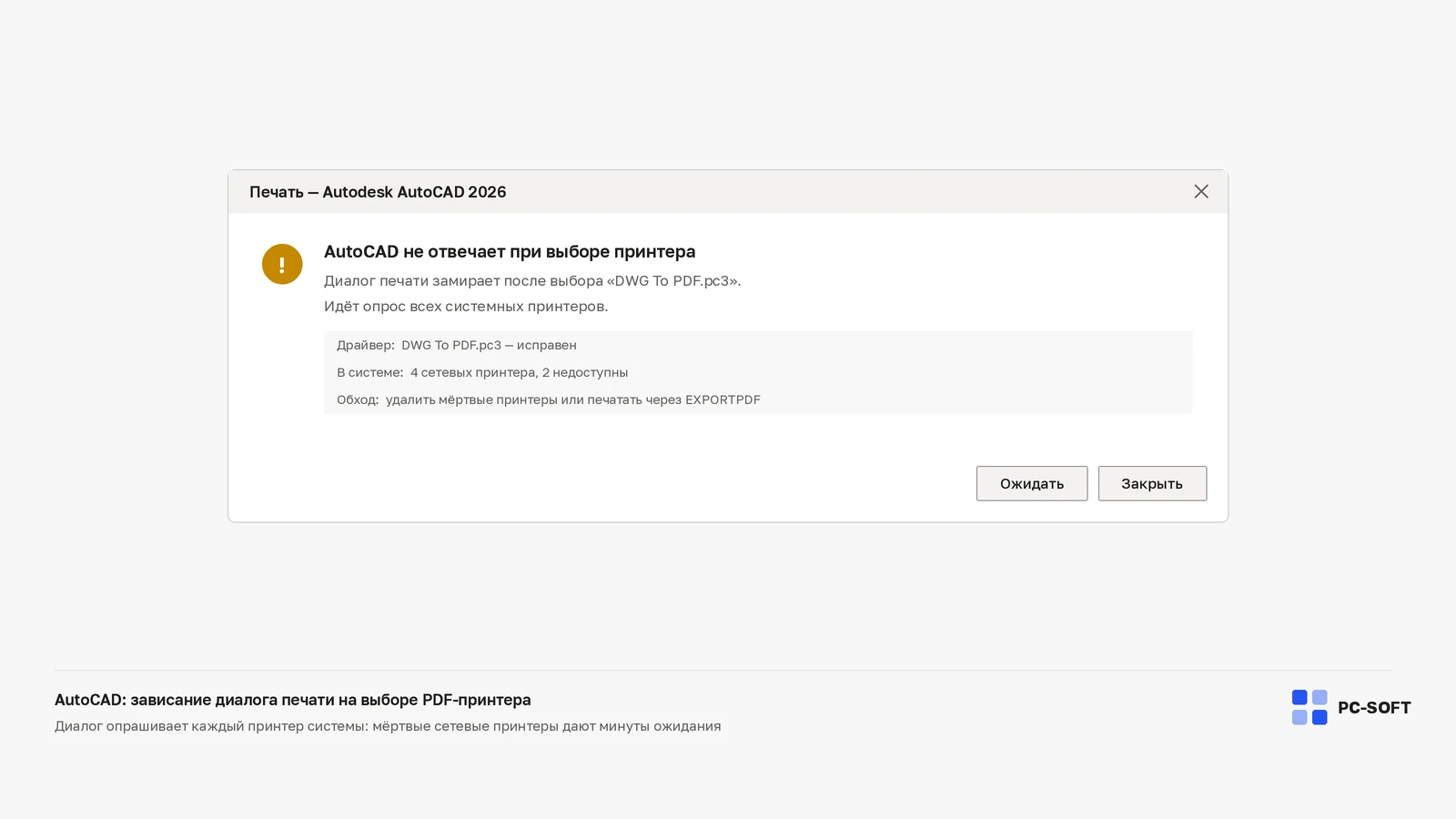 AutoCAD зависает при выборе принтера PDF: установка, лицензия и службы Autodesk: диагностическая схема PC-SOFT