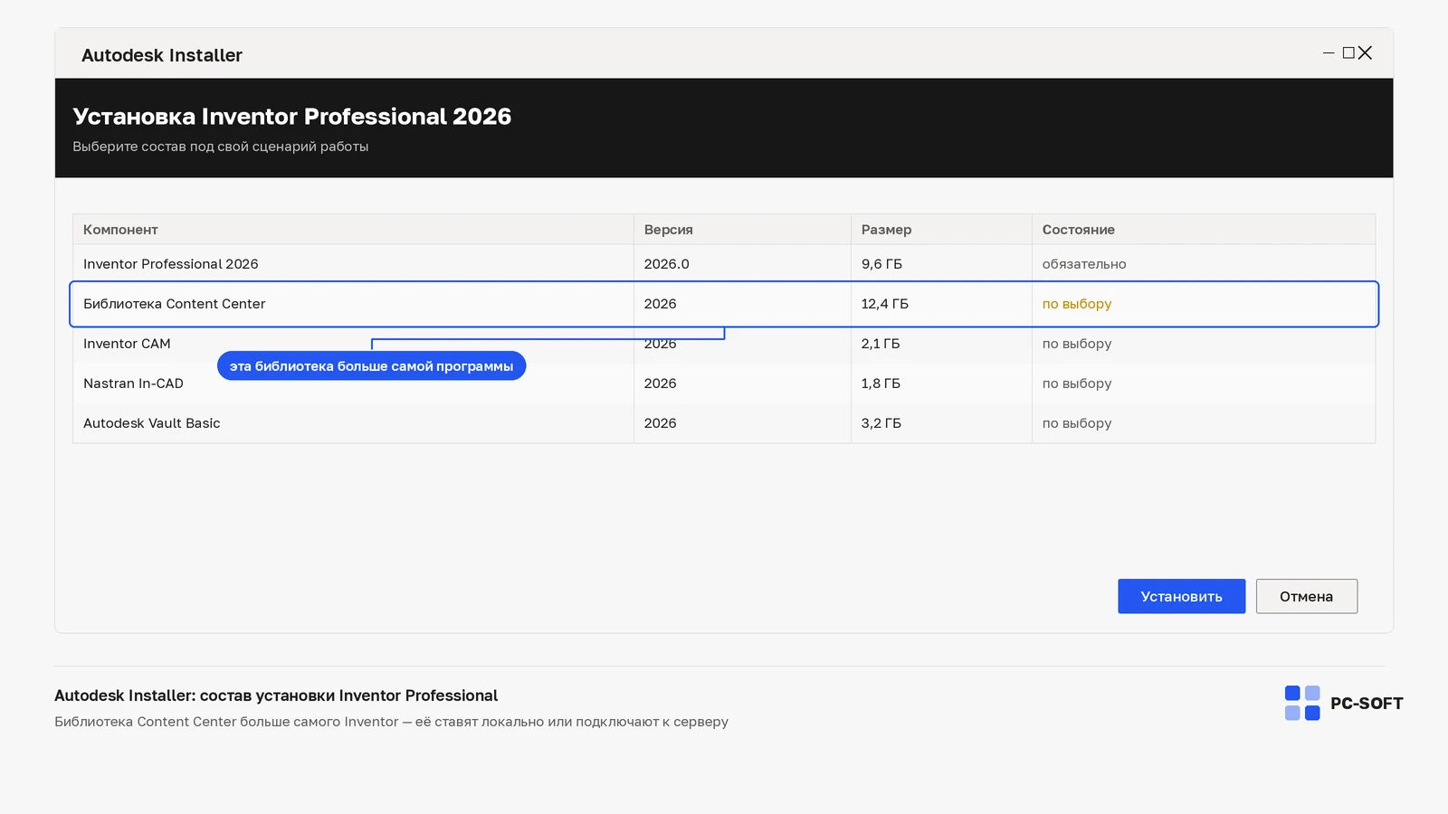 Окно Autodesk Installer с составом установки Inventor Professional 2026, где библиотека Content Center занимает больше места, чем сама программа