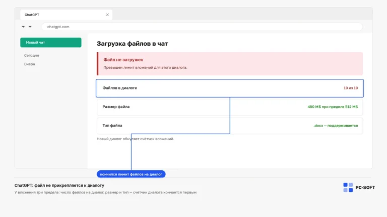 Окно ChatGPT с ошибкой загрузки файла: исчерпан лимит десяти вложений на диалог при допустимом размере и типе