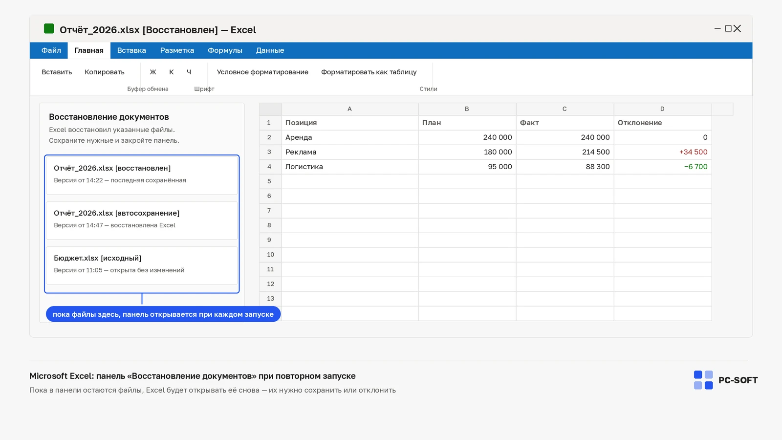 Microsoft Excel: слева панель «Восстановление документов» с тремя версиями книги, справа открытая таблица