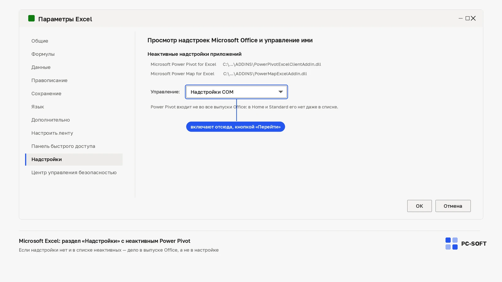 Окно «Параметры Excel», раздел «Надстройки»: Power Pivot в списке неактивных надстроек, внизу поле «Управление: Надстройки COM»