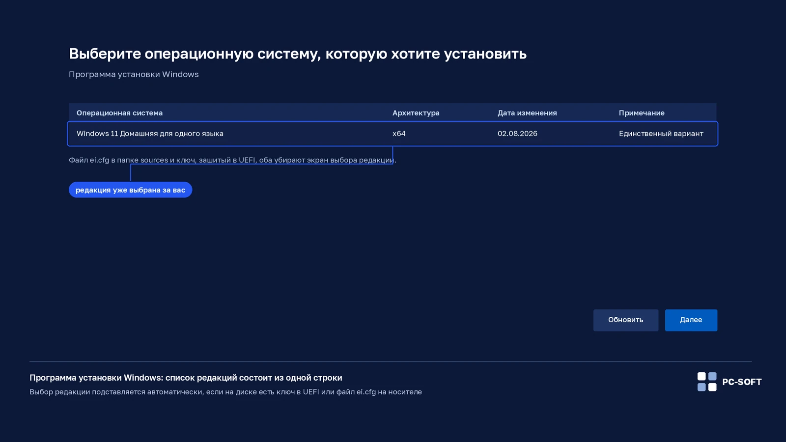 Экран выбора операционной системы в программе установки Windows, где доступен только один вариант редакции
