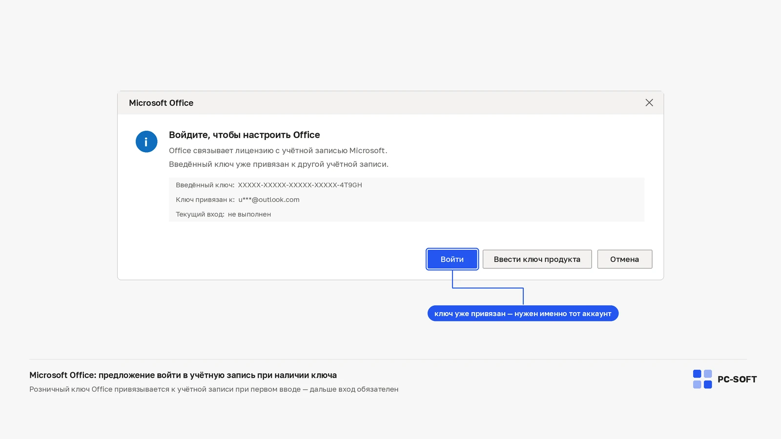 Окно Microsoft Office с предложением войти в учётную запись и указанием, что введённый ключ уже привязан к другому аккаунту