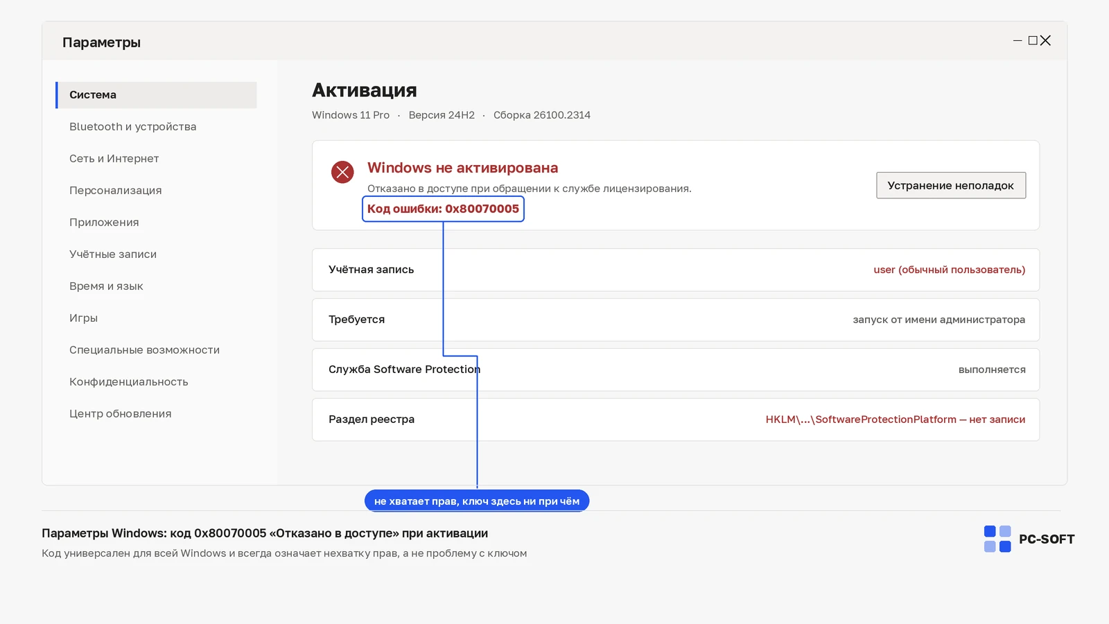 Экран активации Windows с кодом ошибки 0x80070005 и строкой об учётной записи обычного пользователя вместо администратора