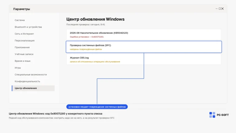 Центр обновления Windows: ошибка установки 0x80071160 у накопительного обновления, ниже строки о повреждённых файлах по результату SFC и журнале CBS