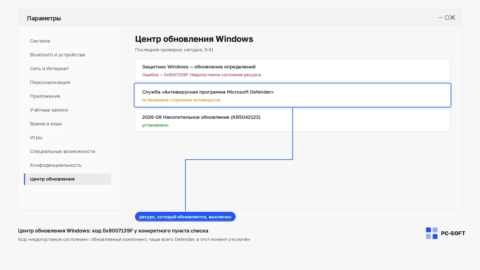 Ошибка 0x8007139F в Windows Update: причины и безопасная проверка: диагностическая схема PC-SOFT