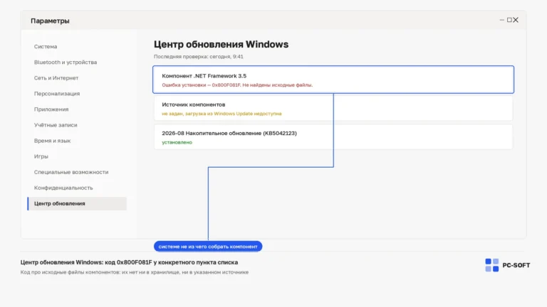 Центр обновления Windows: ошибка 0x800F081F «Не найдены исходные файлы» у компонента .NET Framework 3.5 и строка об отсутствующем источнике компонентов