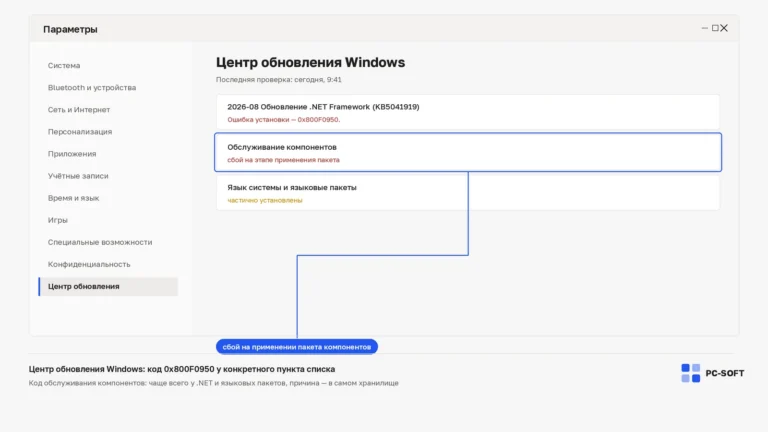 Центр обновления Windows: ошибка 0x800F0950 у обновления .NET Framework и строка о сбое обслуживания компонентов на этапе применения