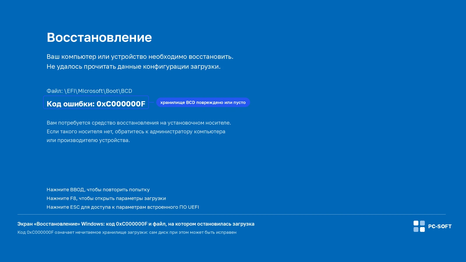 Ошибка 0xC000000F при загрузке Windows: BCD, диск и восстановление: диагностическая схема PC-SOFT