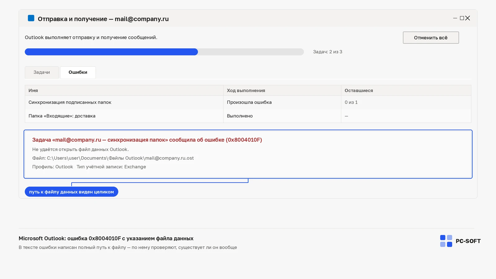 Окно Microsoft Outlook «Отправка и получение»: ошибка 0x8004010F, в тексте указан полный путь к файлу данных .ost и имя профиля