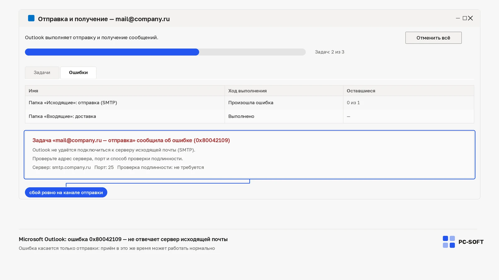 Окно Microsoft Outlook «Отправка и получение»: ошибка 0x80042109 о невозможности подключиться к серверу SMTP, порт 25 без проверки подлинности