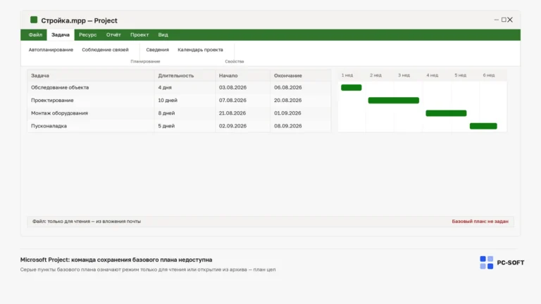 Окно Microsoft Project с недоступным сохранением базового плана: файл открыт только для чтения из вложения почты