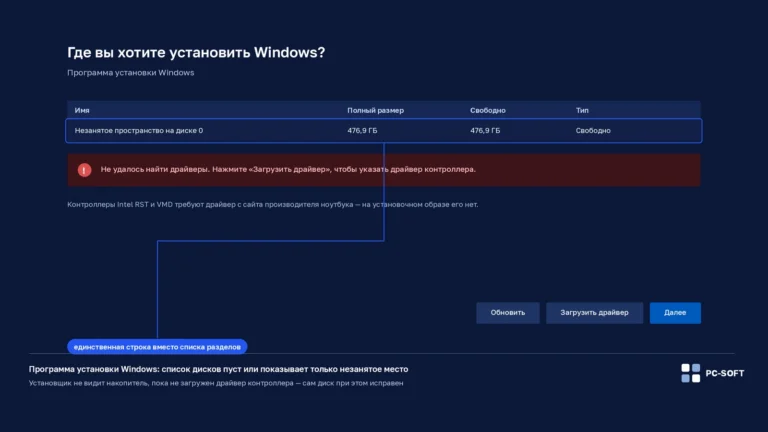 Экран программы установки Windows «Где вы хотите установить Windows?» с одной строкой незанятого пространства и сообщением о ненайденных драйверах