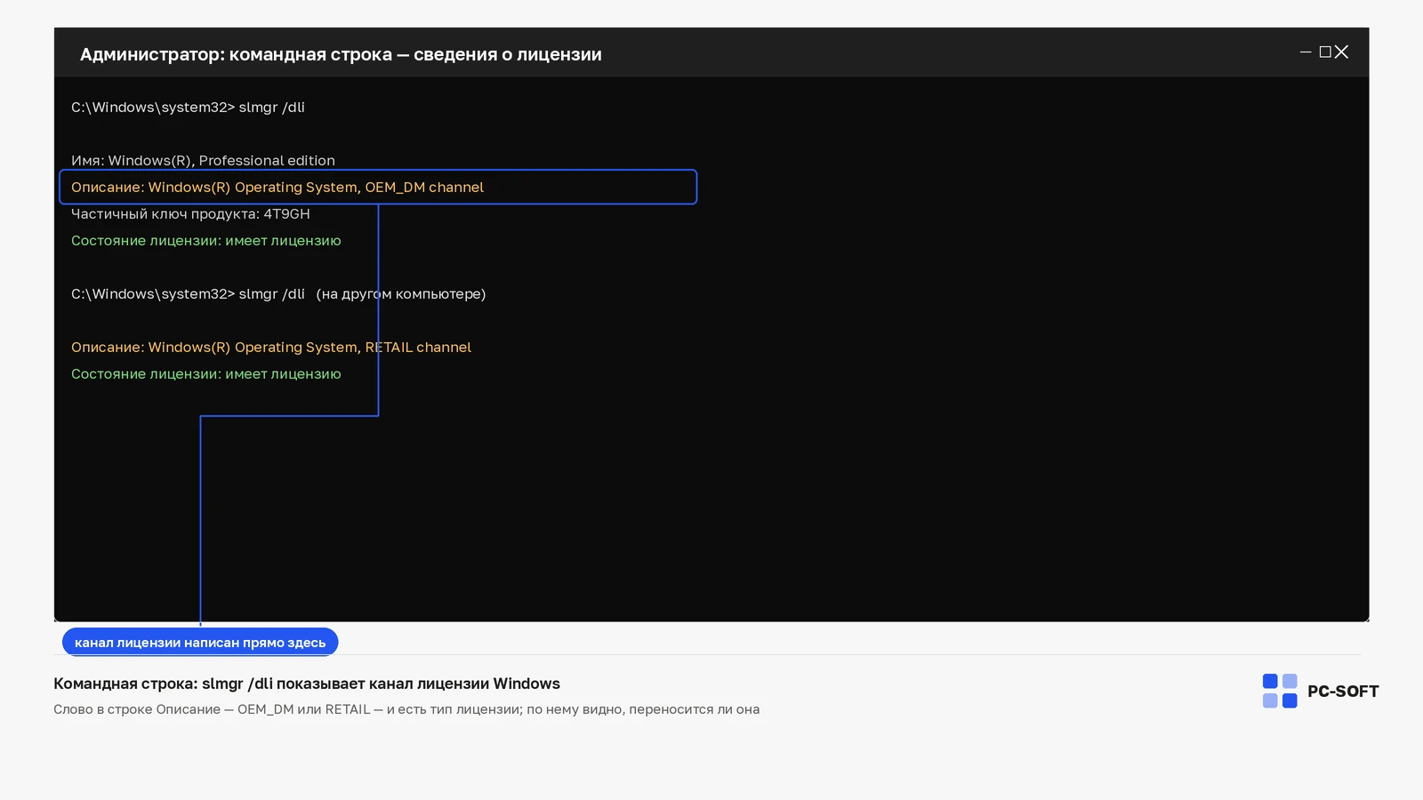 Командная строка с выводом slmgr /dli: в строке «Описание» видно канал лицензии OEM_DM на одном компьютере и RETAIL на другом