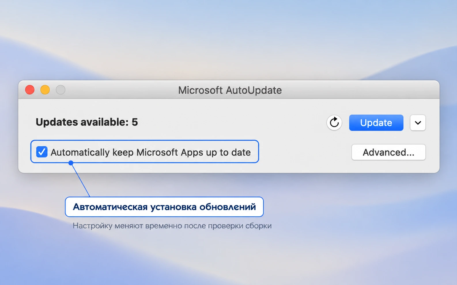 Панель Microsoft AutoUpdate